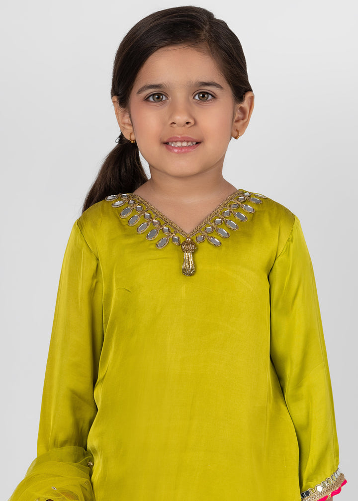 Green Mirror Detailing Kurta Sharara With Dupatta Set