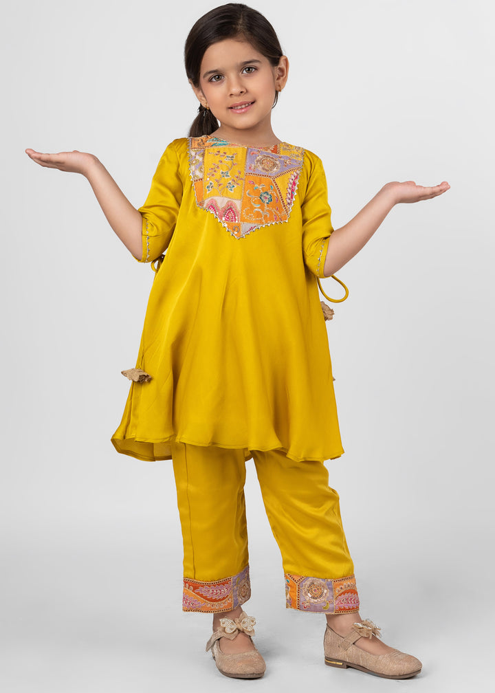 Mustard Yellow Embroidered Detailing Flaired Kurta With Pant Set
