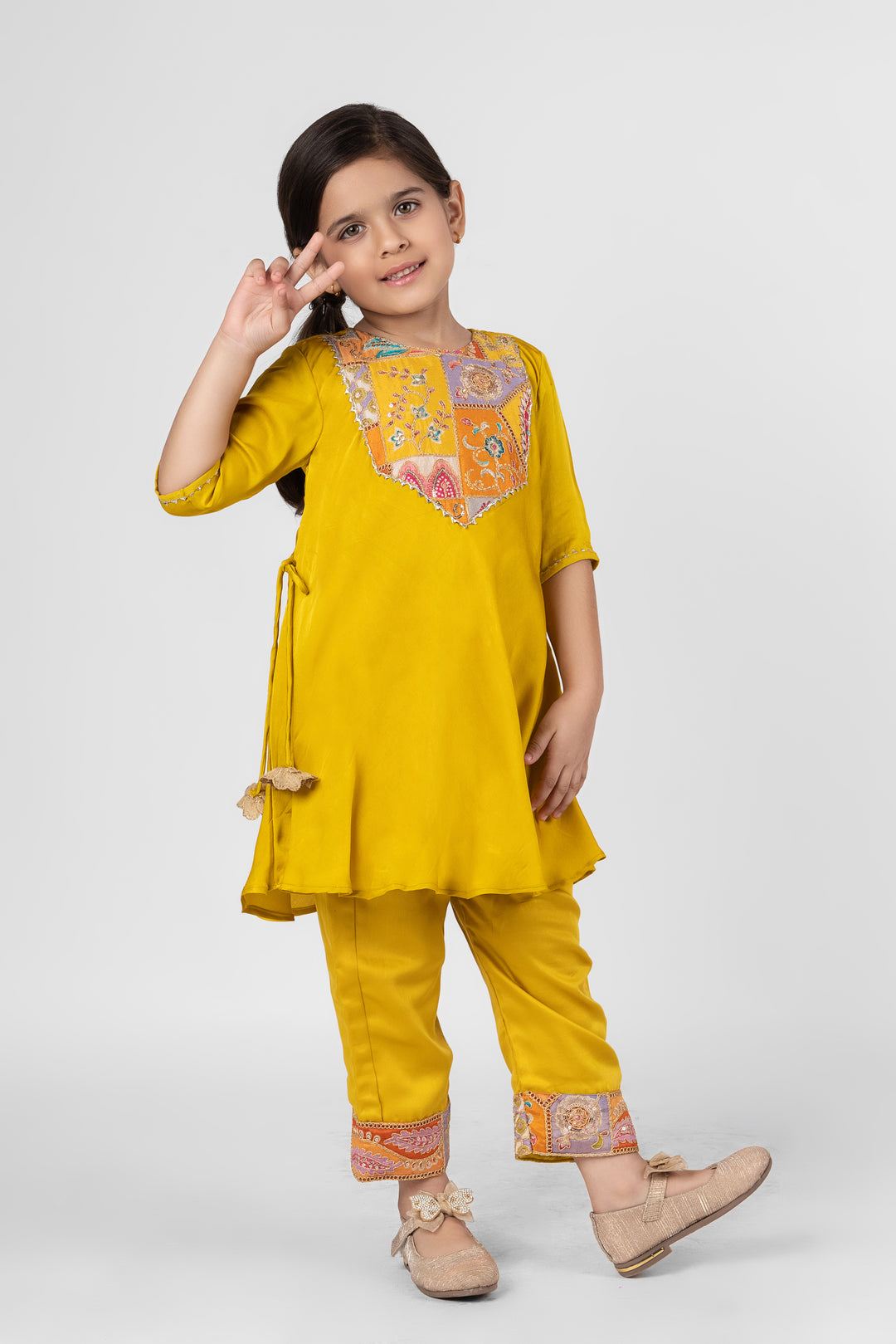 Mustard Yellow Embroidered Detailing Flaired Kurta With Pant Set