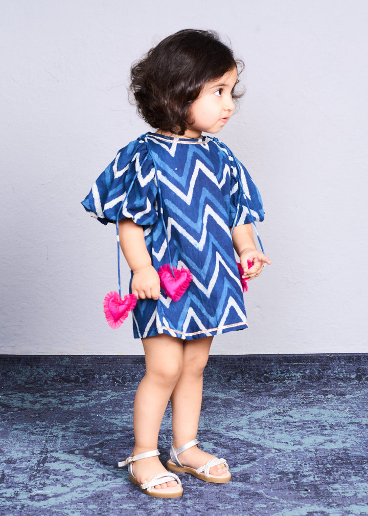 Navy Blue Zig Zag Indigo Print Dress