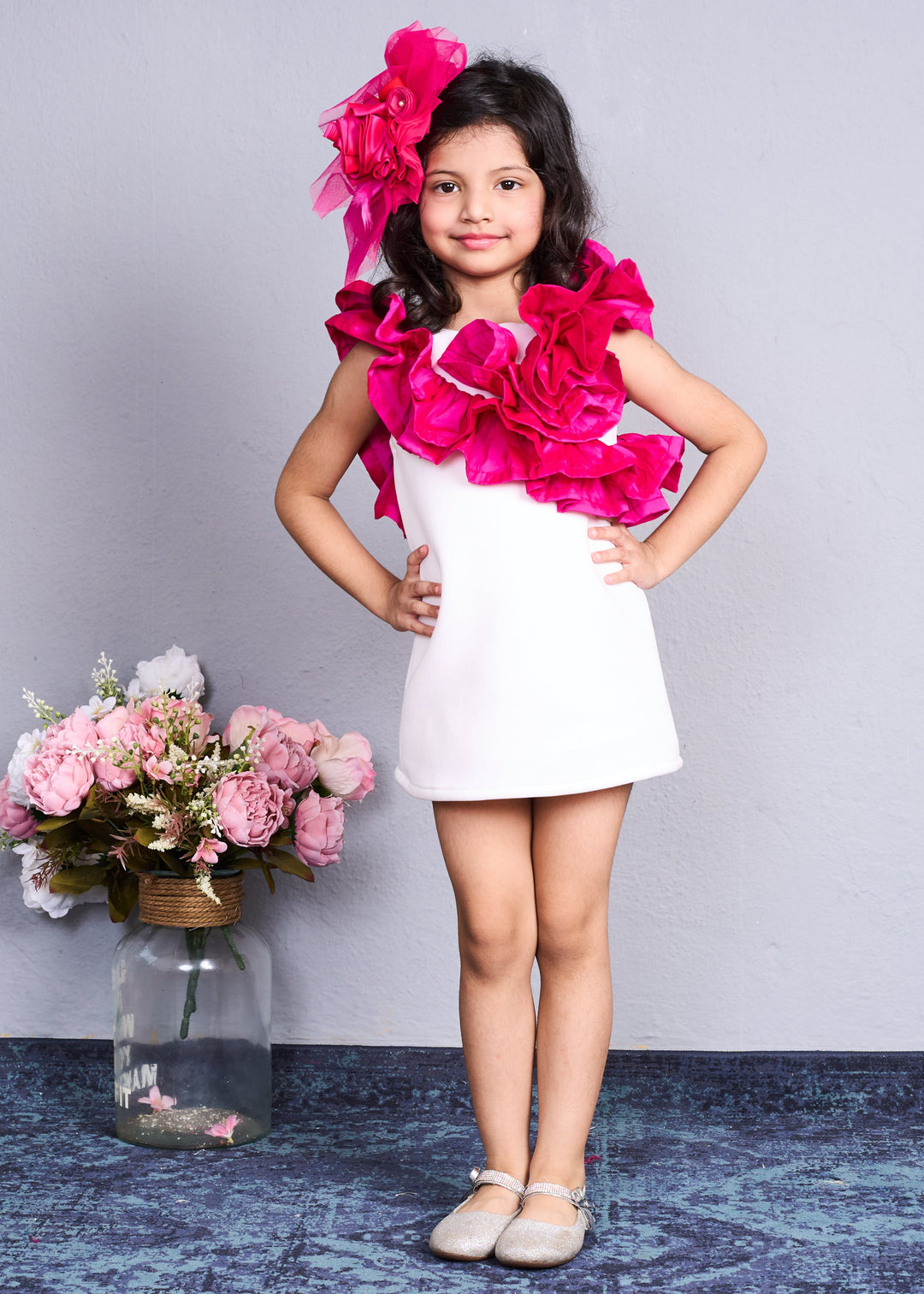 Trendy White With Bold Pink Ruffles Dress