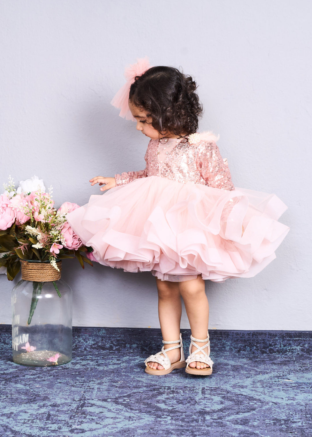 Peach Net Sequins Full Sleeves Dress