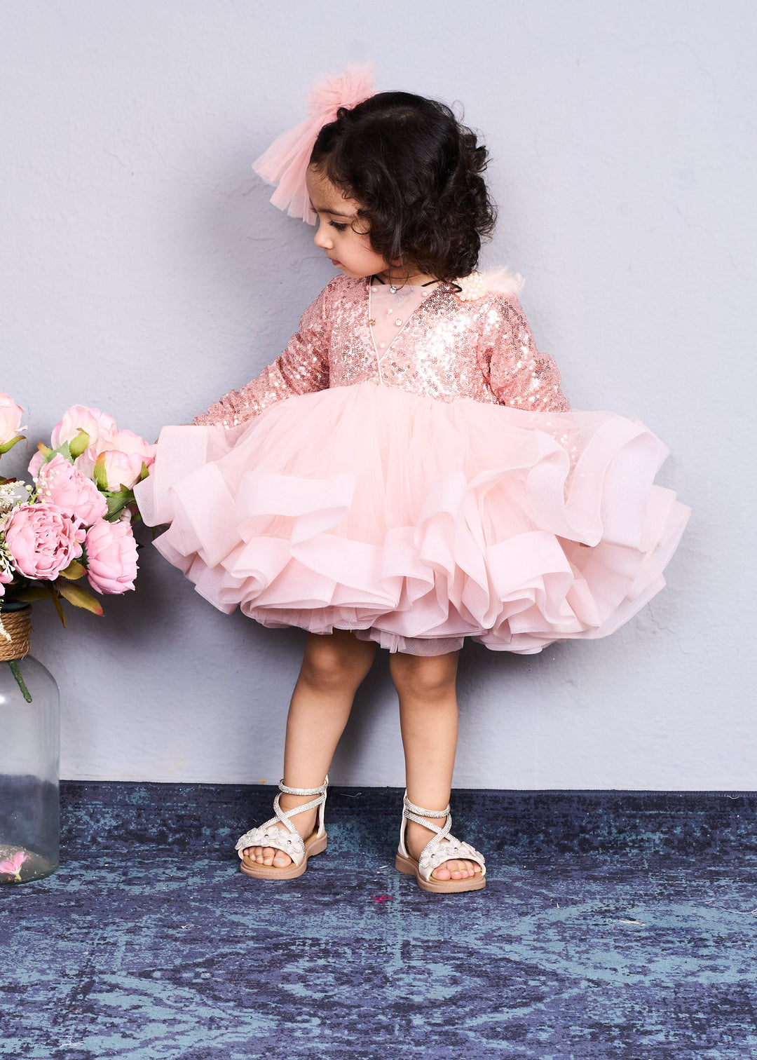 Peach Net Sequins Full Sleeves Dress