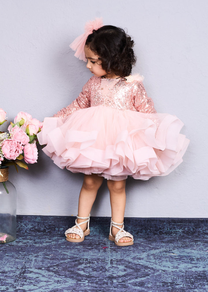 Peach Net Sequins Full Sleeves Dress