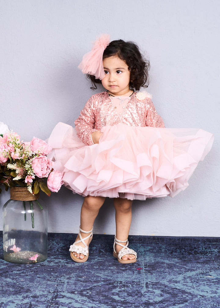 Peach Net Sequins Full Sleeves Dress