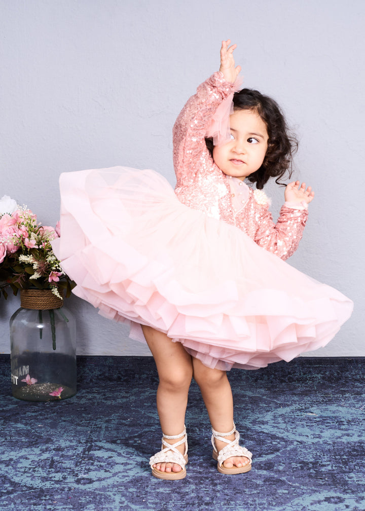 Peach Net Sequins Full Sleeves Dress