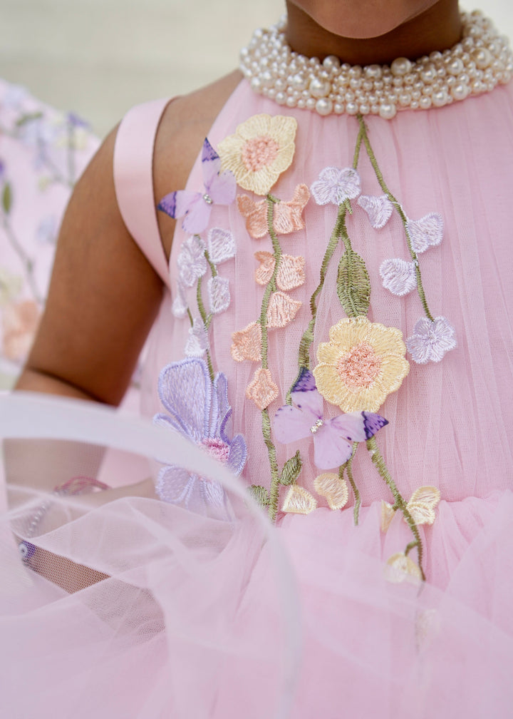 Peach Pearl Embellished Butterfly 3D Flower Net Sleeveless Wings Gown