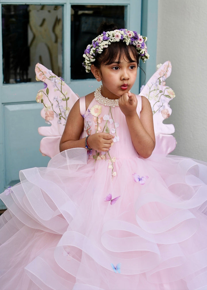 Peach Pearl Embellished Butterfly 3D Flower Net Sleeveless Wings Gown