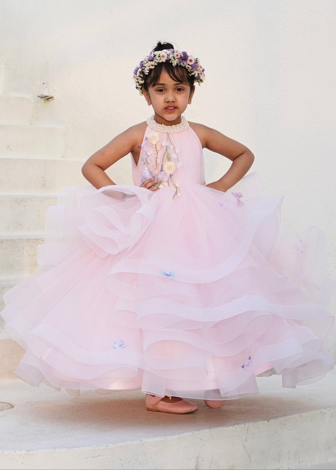 Peach Pearl Embellished Butterfly 3D Flower Net Sleeveless Wings Gown