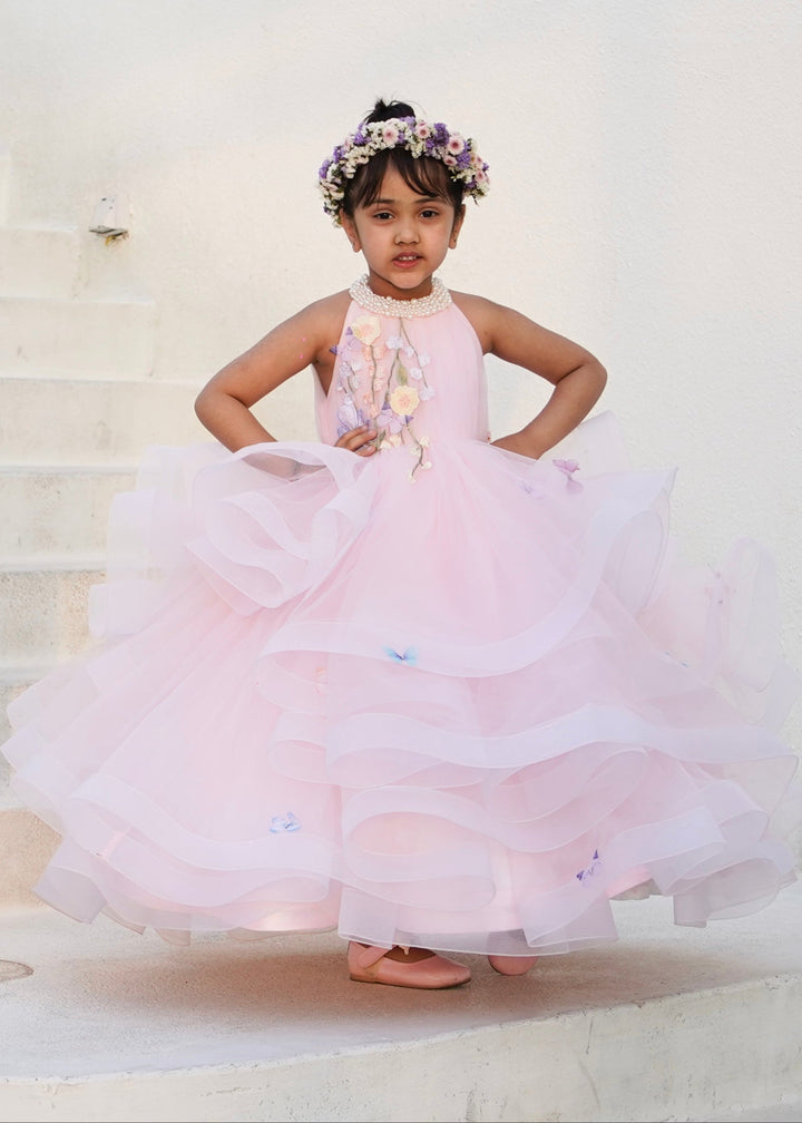 Peach Pearl Embellished Butterfly 3D Flower Net Sleeveless Wings Gown