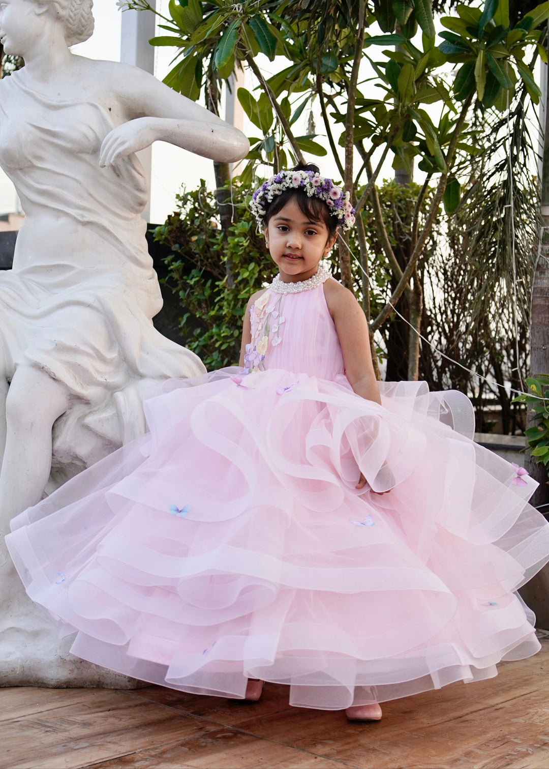 Peach Pearl Embellished Butterfly 3D Flower Net Sleeveless Wings Gown