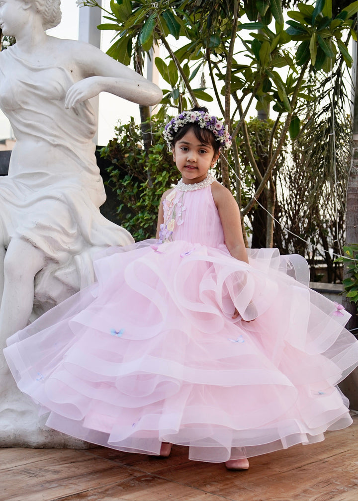 Peach Pearl Embellished Butterfly 3D Flower Net Sleeveless Wings Gown