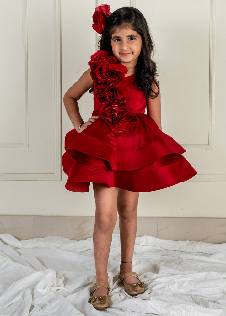 Wine Rose Ruched Ruffle Dress