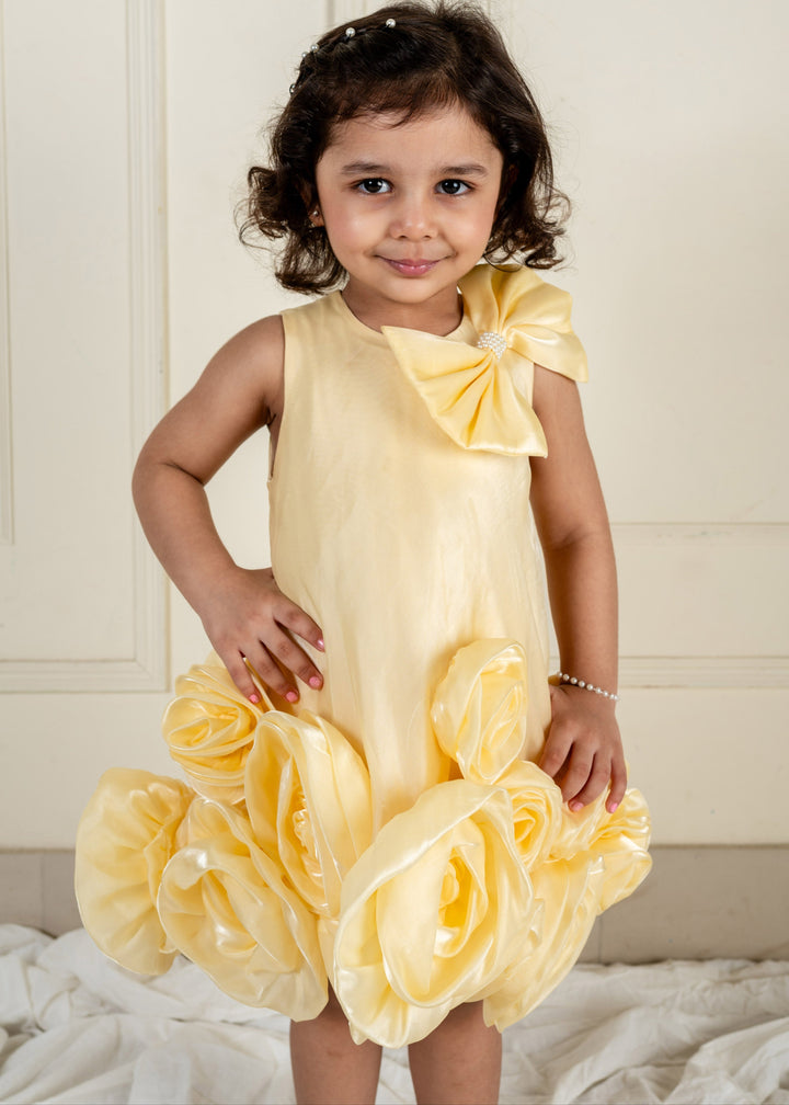 Yellow Organza Flower Sleeveless Dress