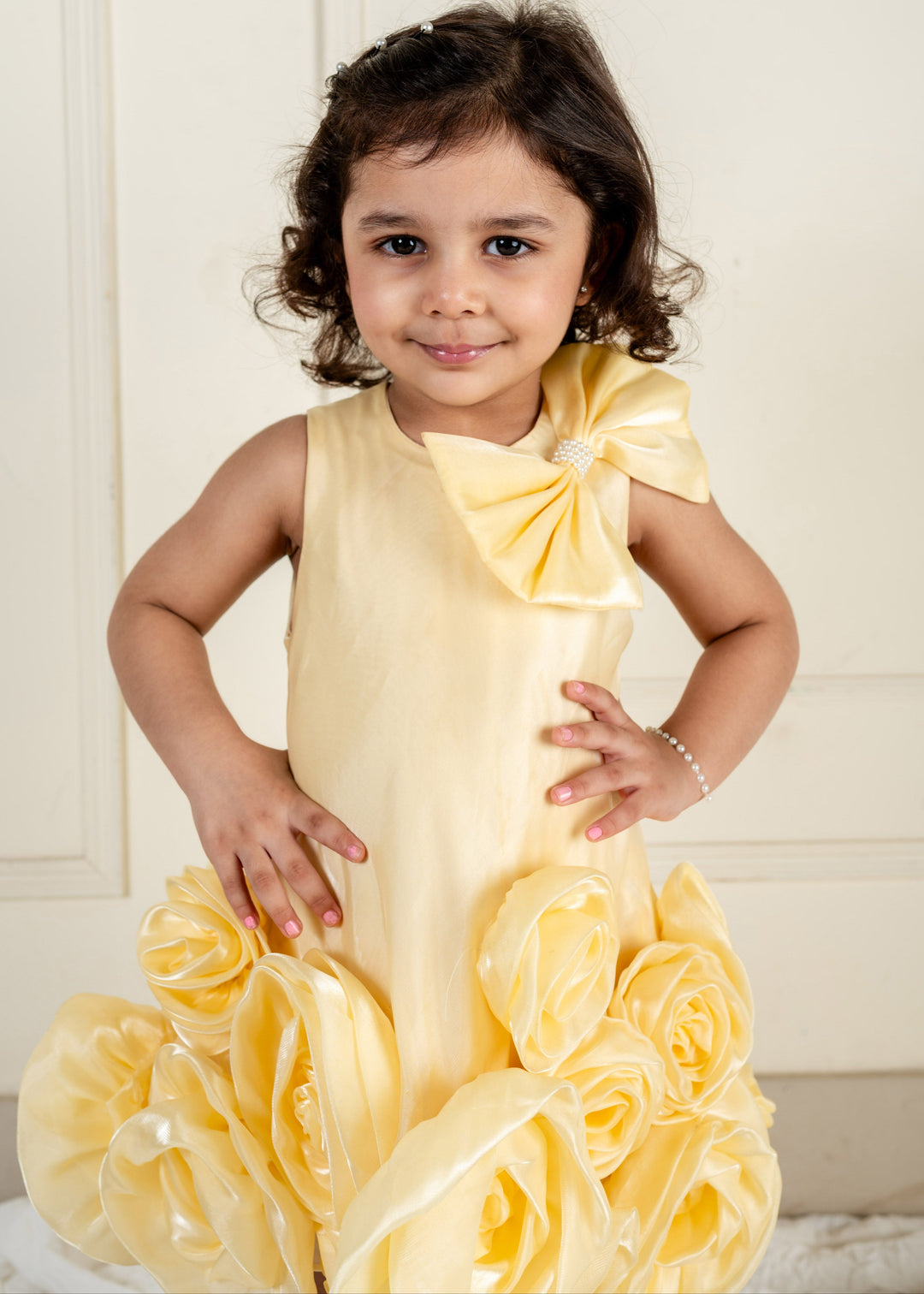 Yellow Organza Flower Sleeveless Dress