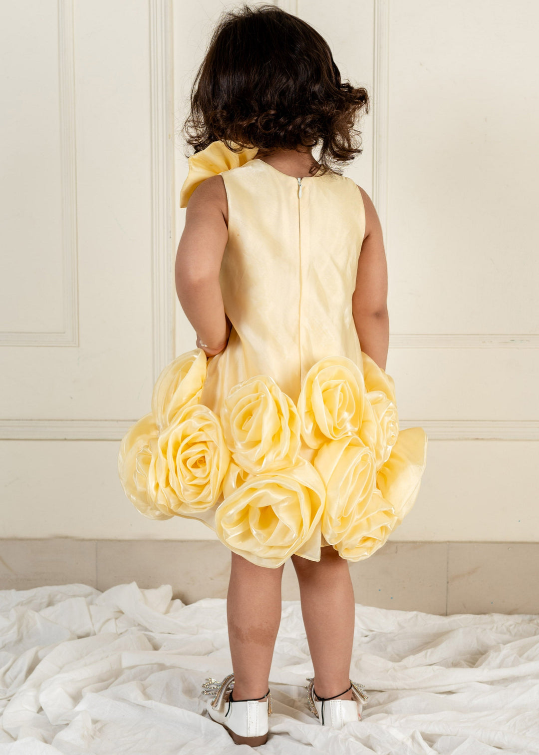 Yellow Organza Flower Sleeveless Dress