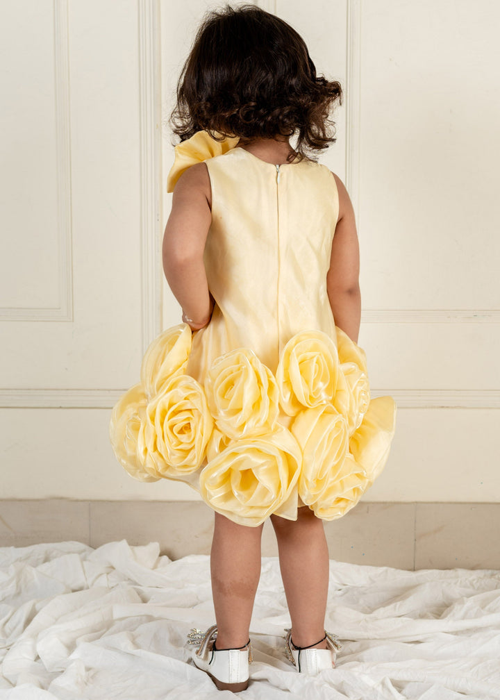 Yellow Organza Flower Sleeveless Dress