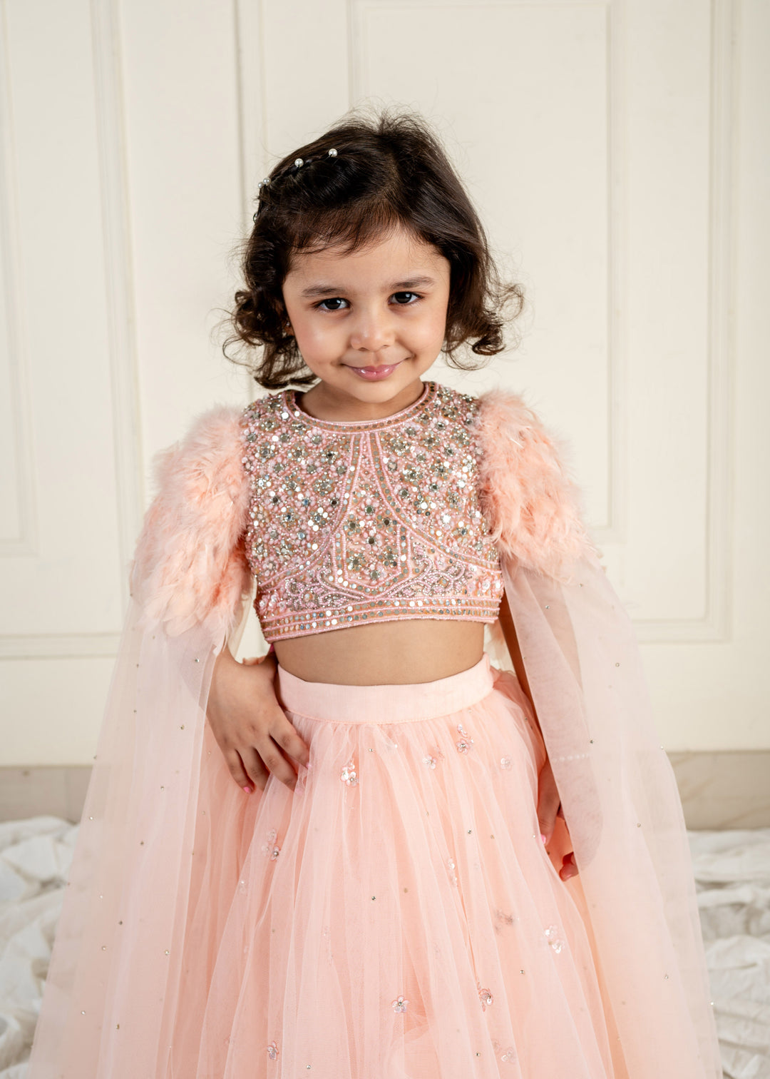 Peach Stone Net Feather Sleeves Top With Ghaghara Set