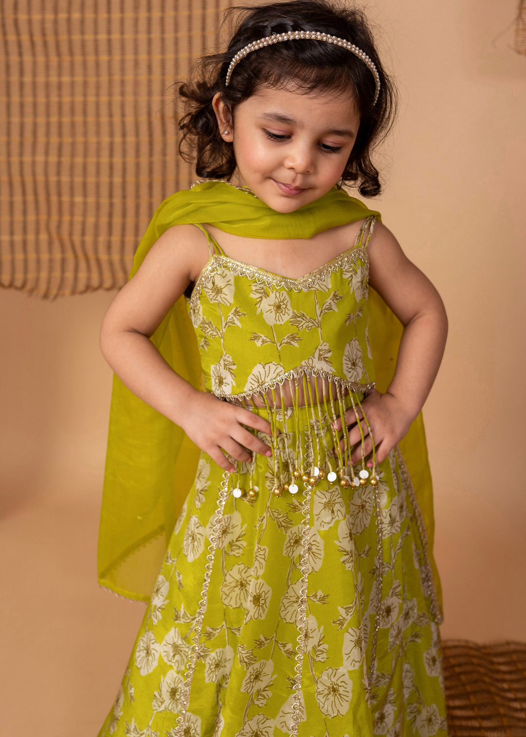 Green Floral Silk Top Ghaghara With Dupatta Set