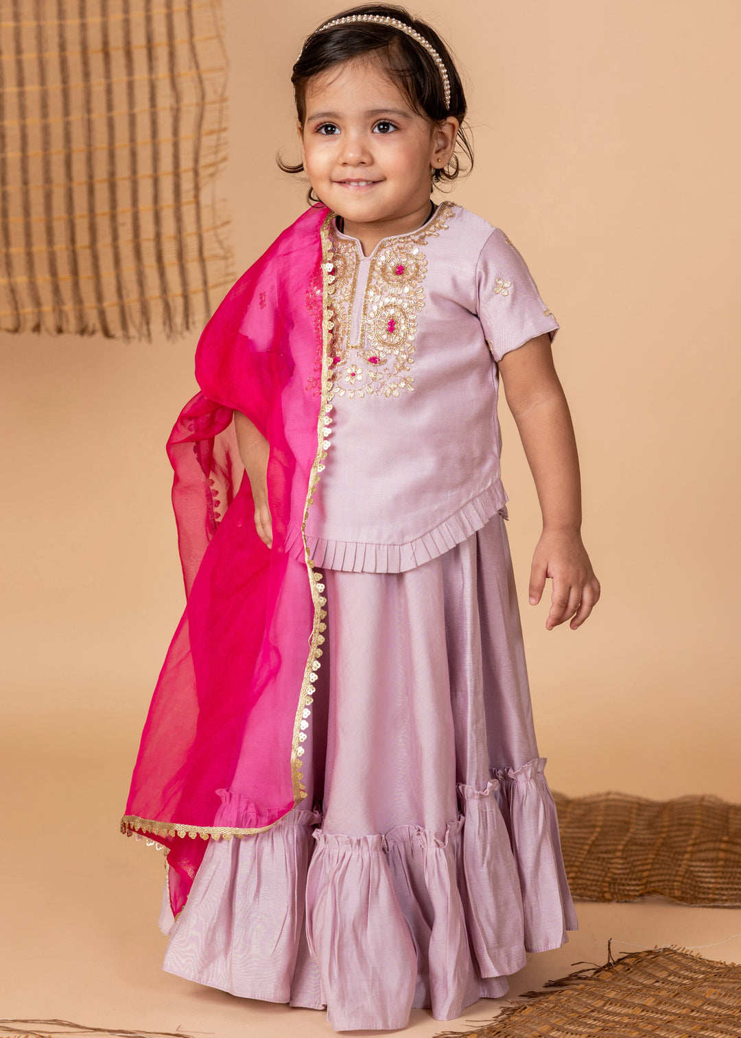 Lilac Silk Embroidered Kurta With Sharara Set