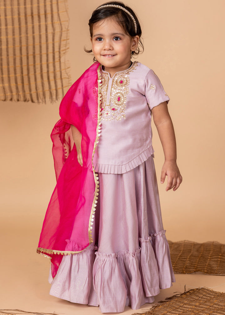 Lilac Silk Embroidered Kurta With Sharara Set