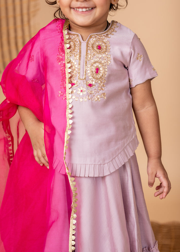 Lilac Silk Embroidered Kurta With Sharara Set