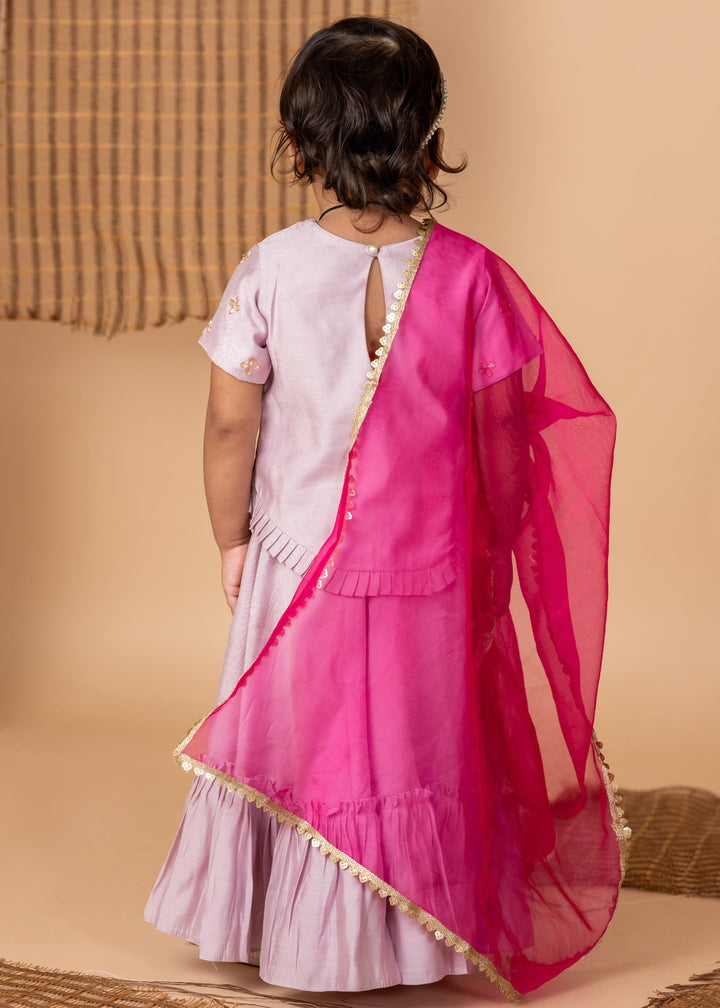 Lilac Silk Embroidered Kurta With Sharara Set