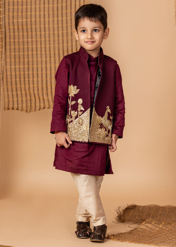 Wine Hand Dori Embroidered Peacock Kurta Jacket With Pyjama Set