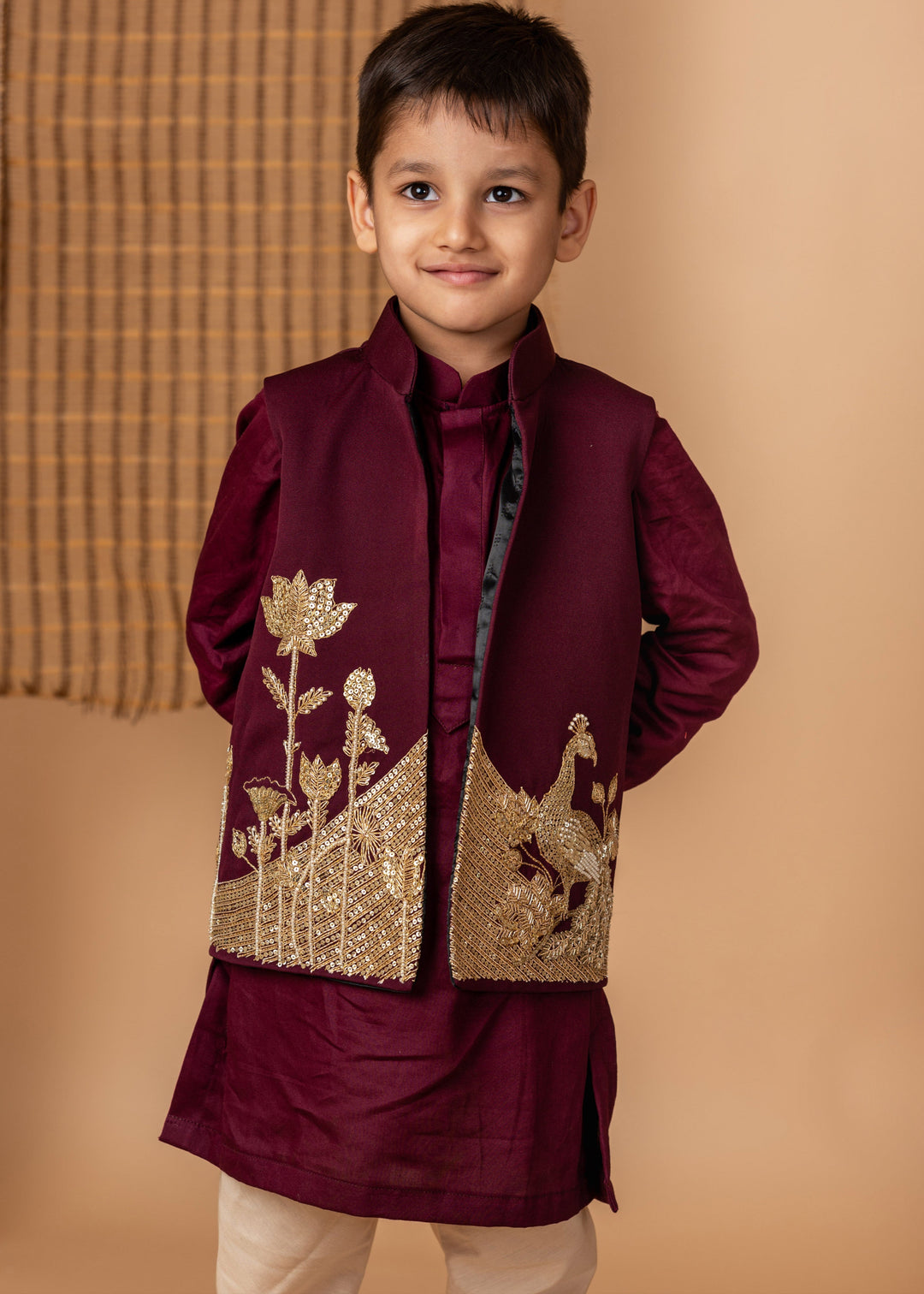 Wine Hand Dori Embroidered Peacock Kurta Jacket With Pyjama Set