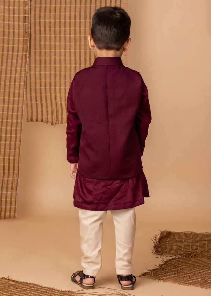 Wine Hand Dori Embroidered Peacock Kurta Jacket With Pyjama Set