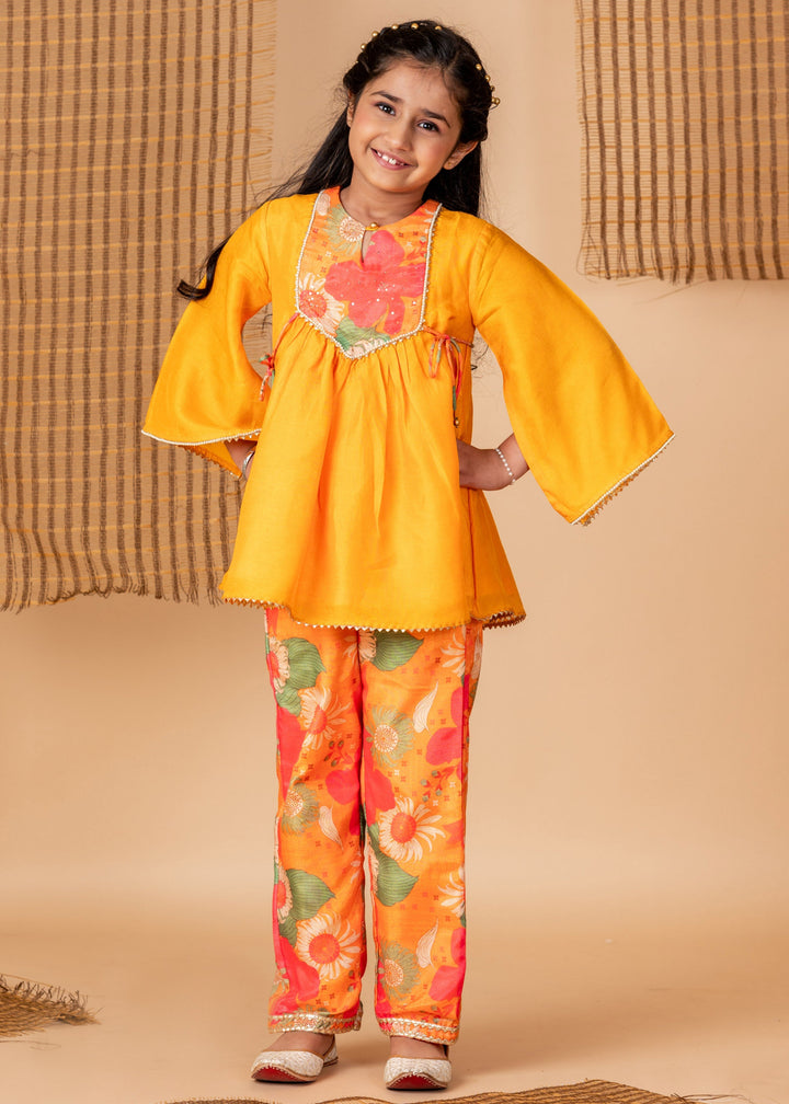 Ochre Floral Printed Muslin Kurti With Pant Suit Set