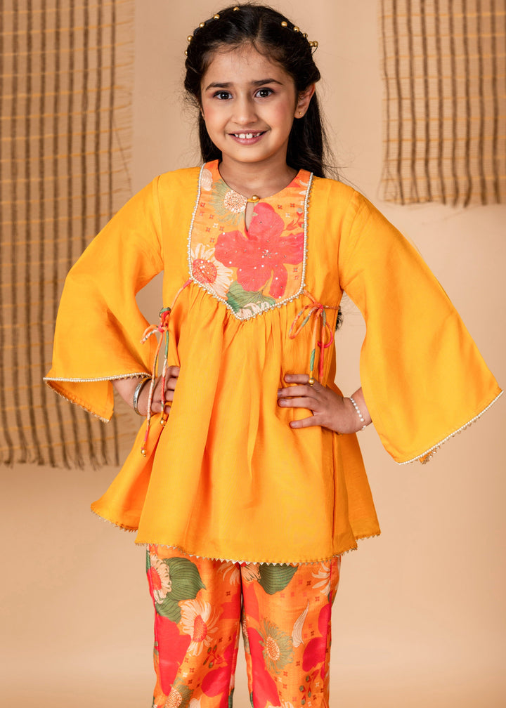Ochre Floral Printed Muslin Kurti With Pant Suit Set