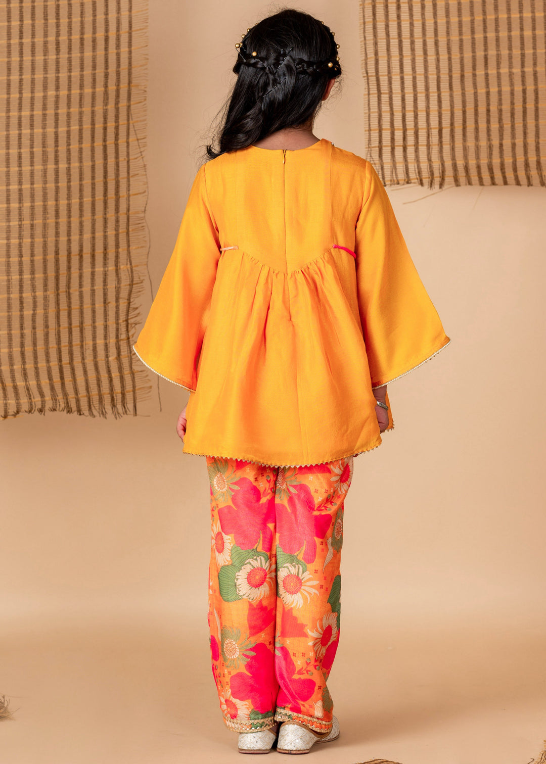 Ochre Floral Printed Muslin Kurti With Pant Suit Set