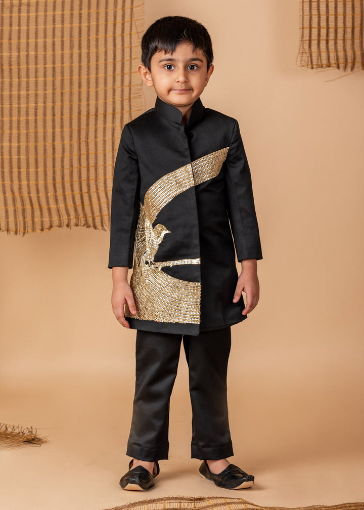 Black Hand Dori Embroidered Bird Achkan With Pyjama Set