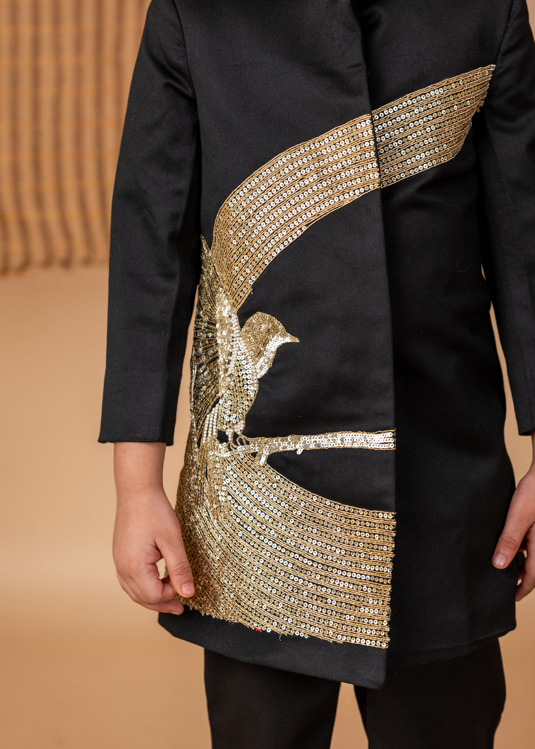Black Hand Dori Embroidered Bird Achkan With Pyjama Set