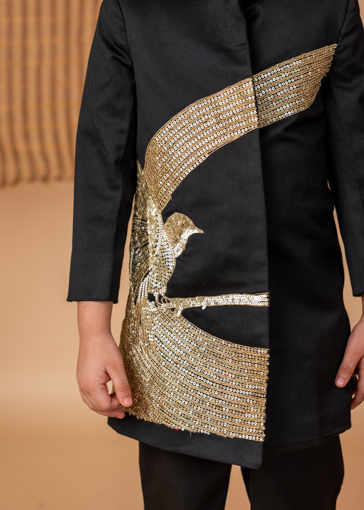 Black Hand Dori Embroidered Bird Achkan With Pyjama Set