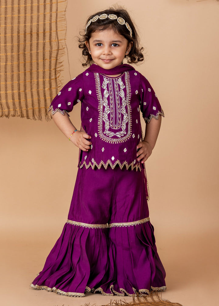 Purple Sequins Hand Embroidery Kurta With Sharara Set