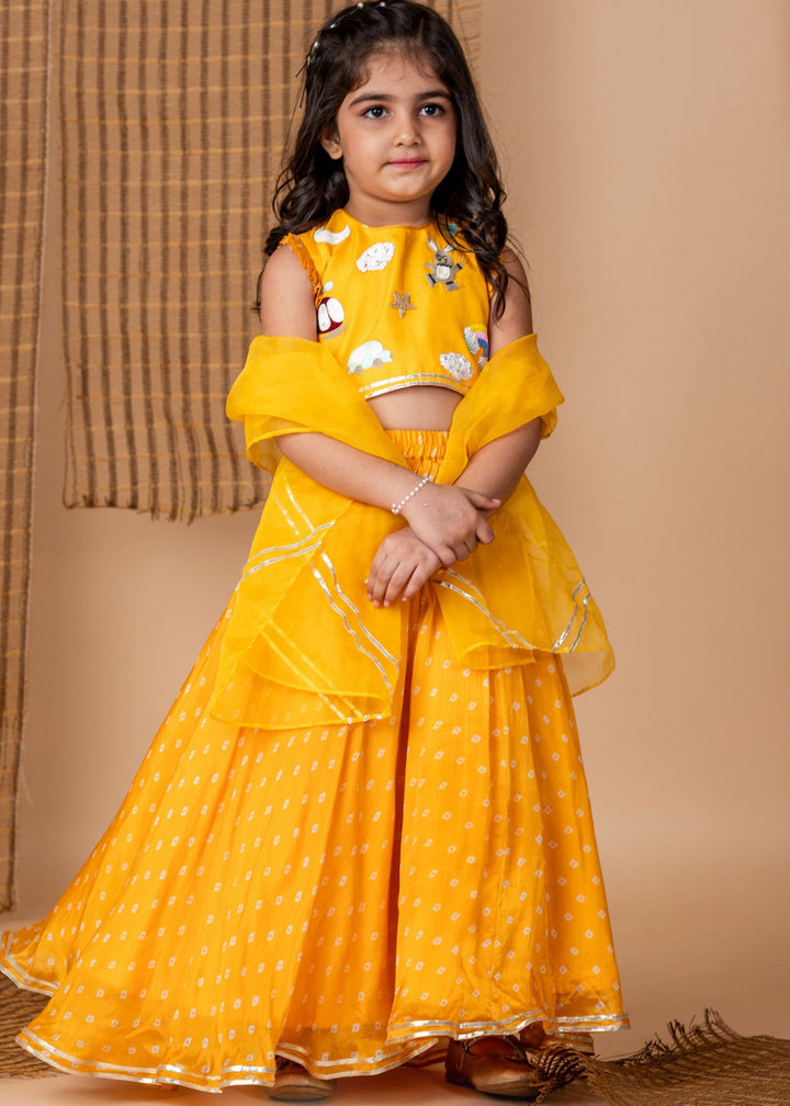 Fun Embroidery Yellow Bandhej Ghaghara Set