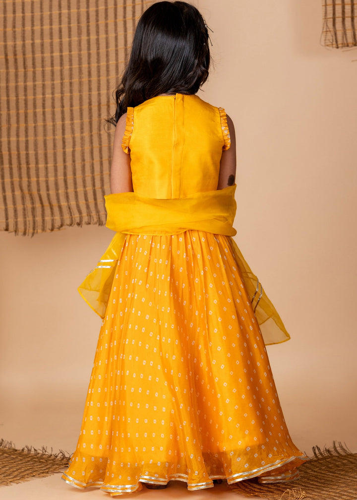 Fun Embroidery Yellow Bandhej Ghaghara Set