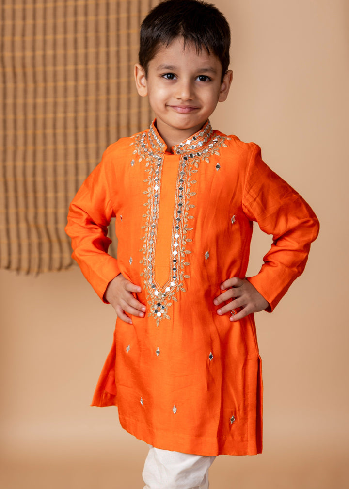 Orange Embroidered Silk Kurta With White Pyjama Set