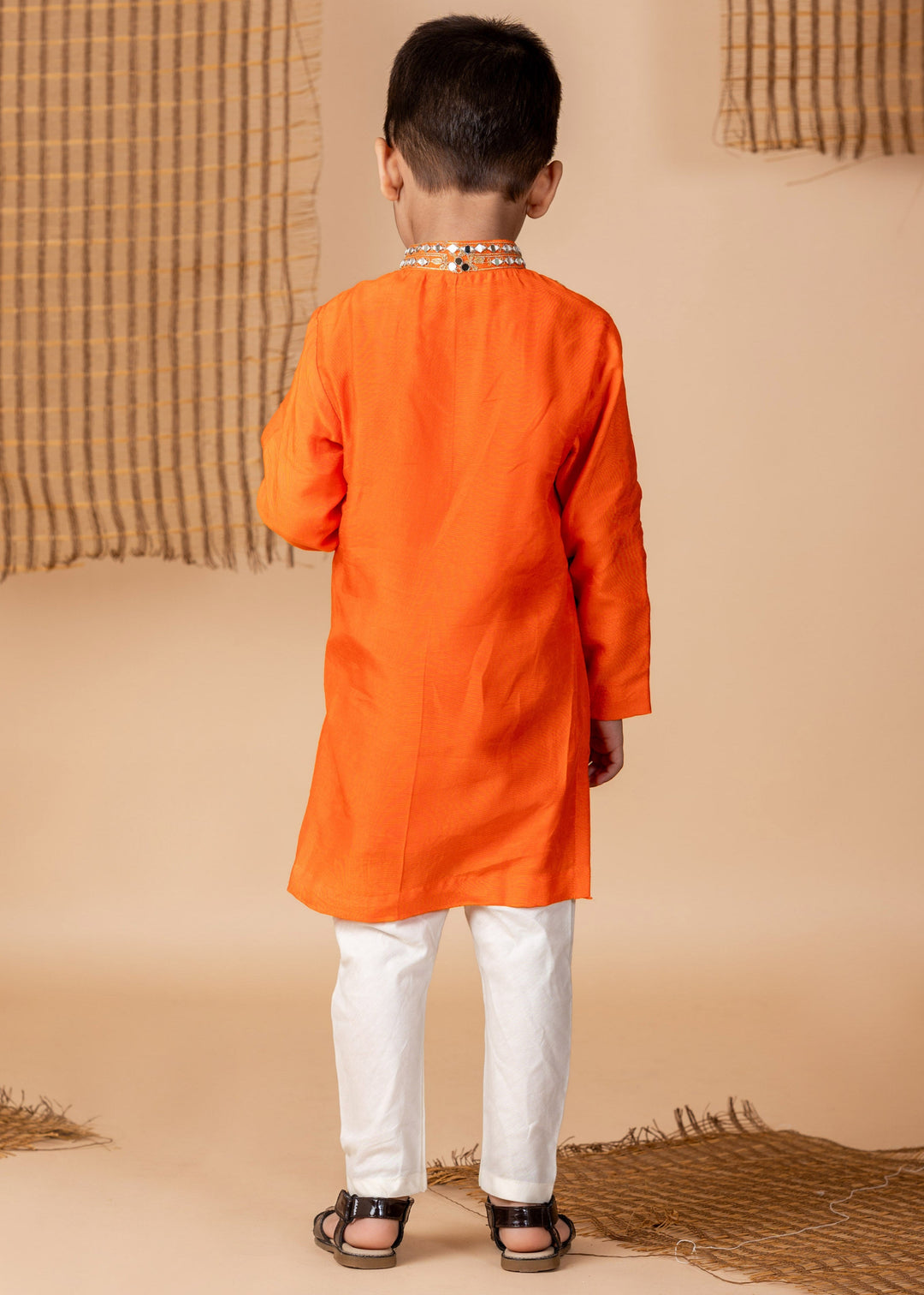 Orange Embroidered Silk Kurta With White Pyjama Set