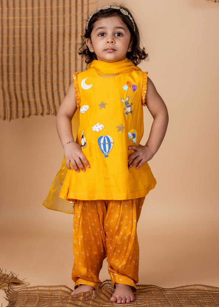 Fun Embroidery Yellow Bandhej Kurti Salwar Suit Set