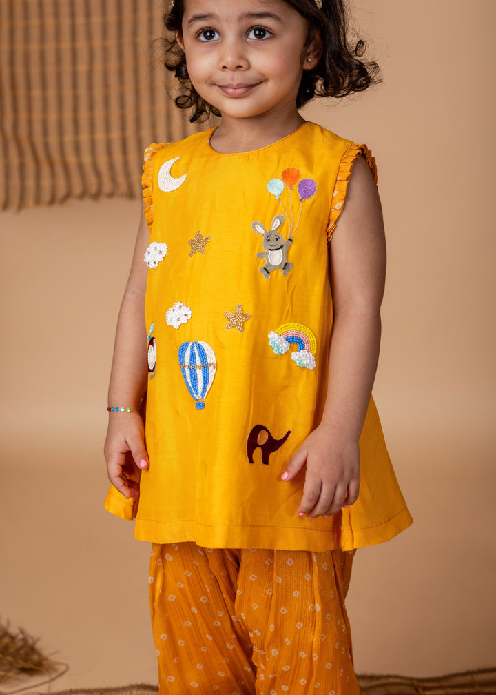 Fun Embroidery Yellow Bandhej Kurti Salwar Suit Set