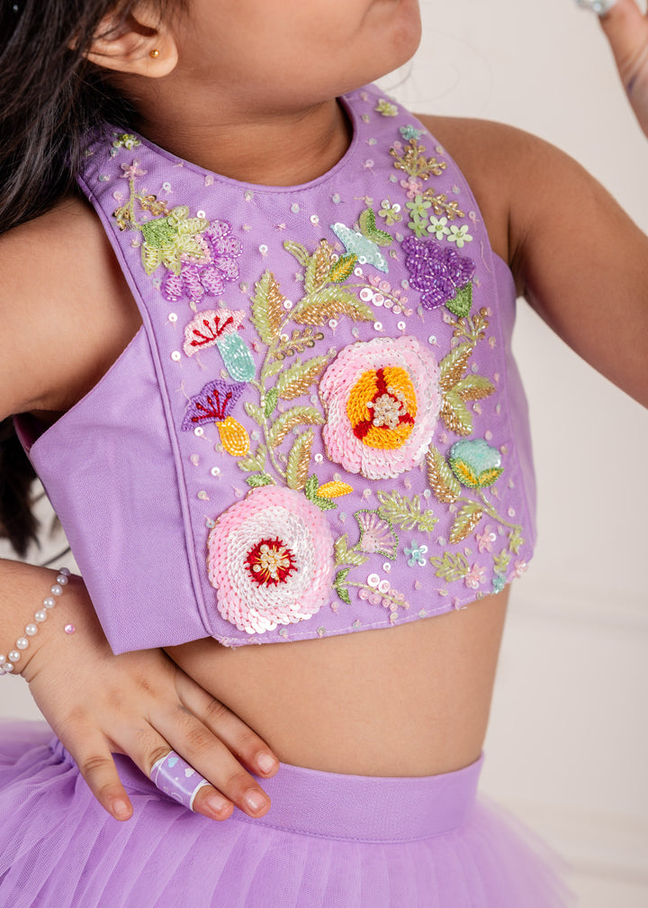 Lilac Net Frill Embroidered Sleevless Ghaghara Set