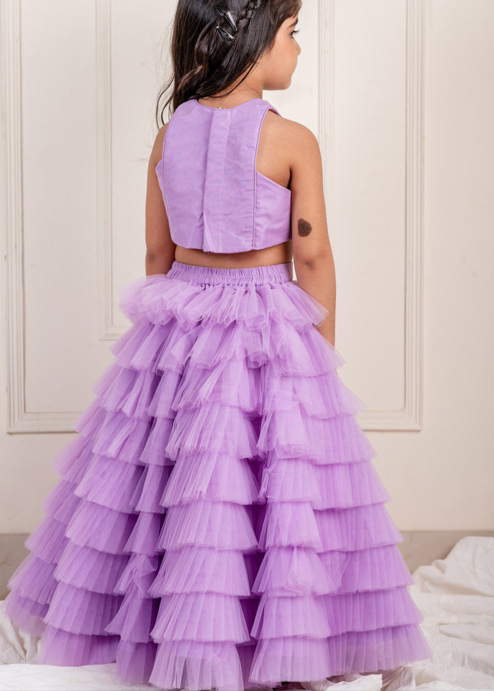 Lilac Net Frill Embroidered Sleevless Ghaghara Set