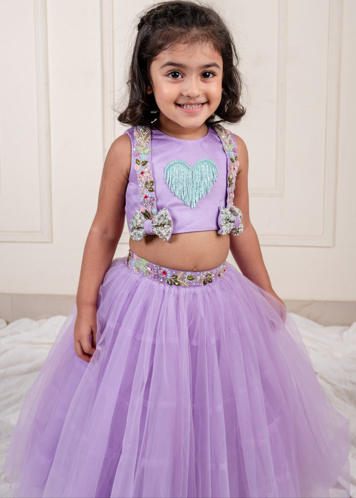 Lilac Heart Embroidery Sleeveless Net Top With Ghaghara Set