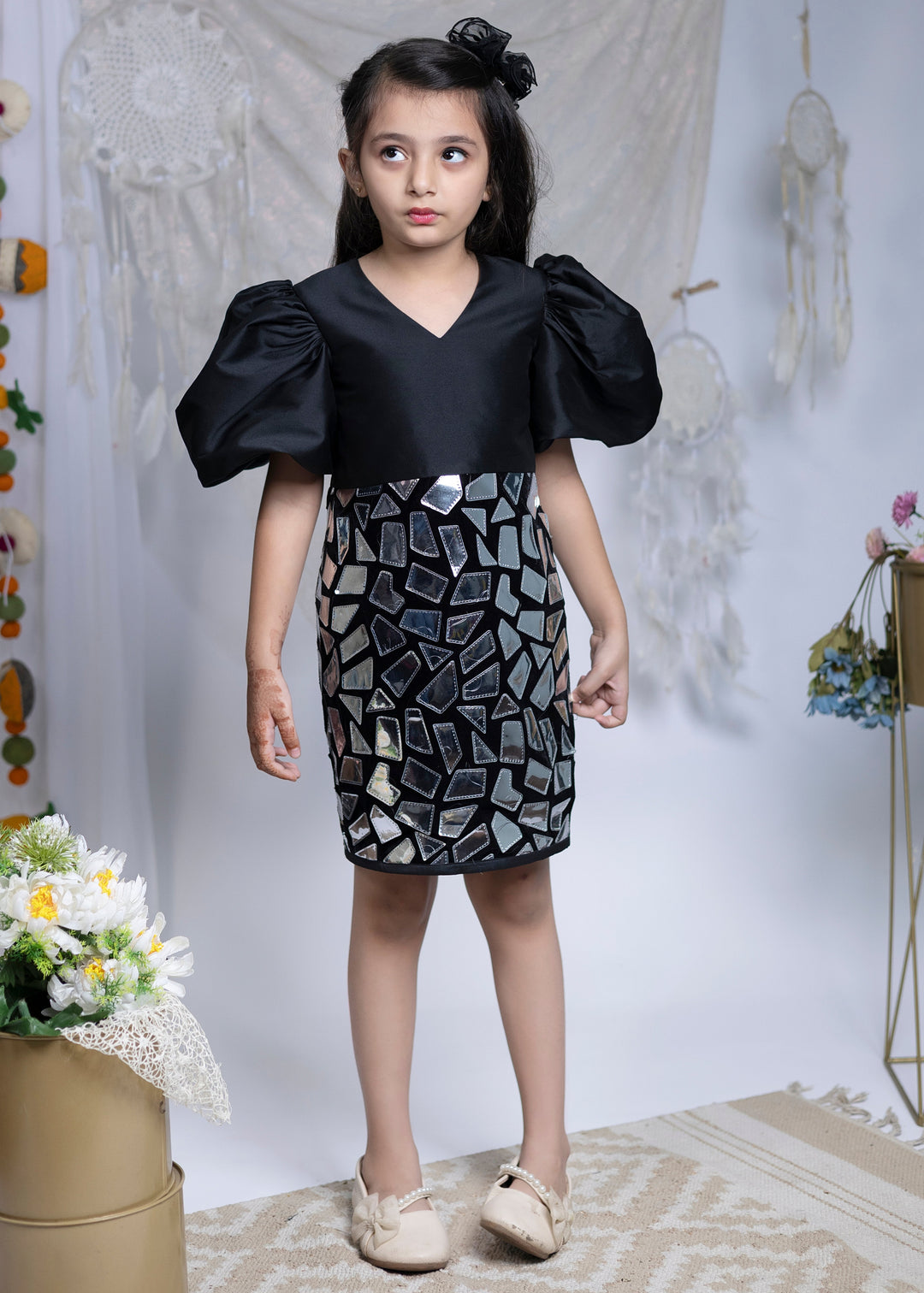 Black Faux Mirror Disco Darling Balloon Sleeves Dress