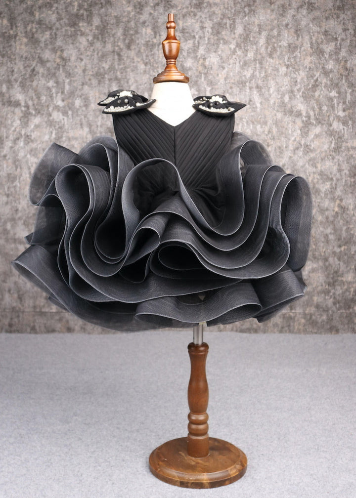 Black Butterfly Net And Pearls Ruffle Dress