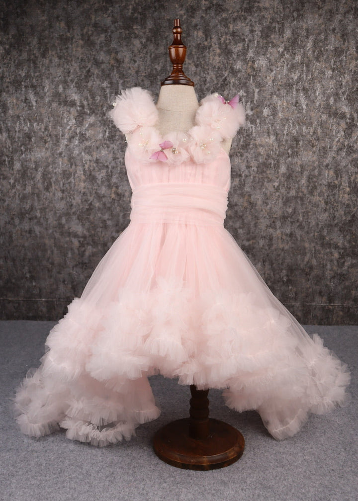Peach Butterfly Ruffle Hem With Trail Dress