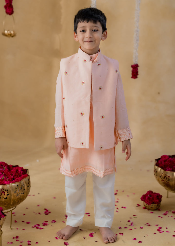 Peach Gota Chakri Chanderi Jacket And Kurta With White Pyjama Set